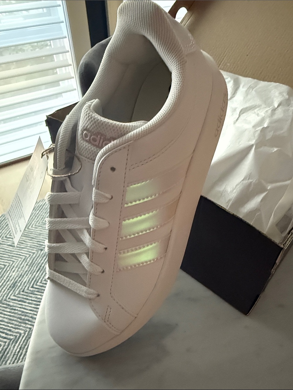 NIB adidas Kids White Sneakers with Iridescent Stripes